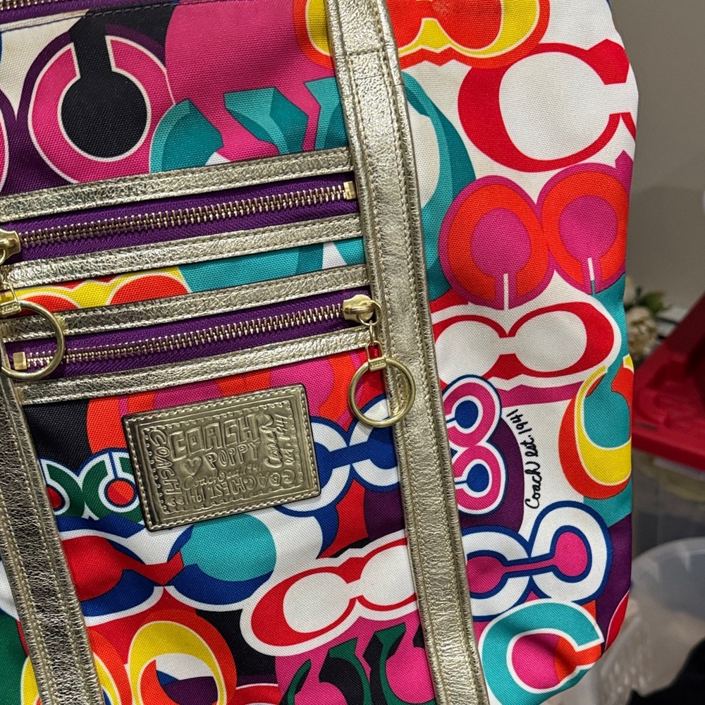Coach Certified Authentic Multicolor Signature Tote with Gold Leather Straps - Picture 5 of 14